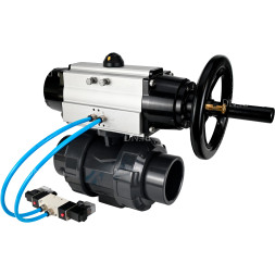 Кран шаровой BV4242E-FP-GRM-ISO Дн40 Ру10 полнопроходной, корпус - НПВХ, шар - НПВХ, уплотнение - EPDM, с пневмоприводом PA-DA-105-1 и пневмораспределителем 4V320-08 AC220V