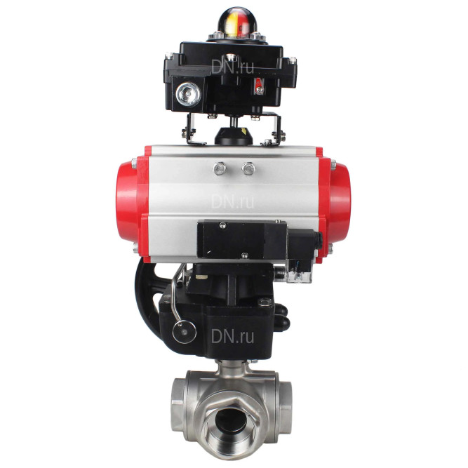 Кран шаровой BV3232P(4pc)-SP-3WL-T-ISO-H Ду25 Ру63 стандартнопроходной трехходовой L-тип, нержавеющая сталь SS316, внутренняя резьба, PTFE, пн.привод PA-DA-065, пн.распределитель 4M310-08 AC220V, БКВ APL-410N EX и ручной дублер MON1-250-T26-ISO в Перми