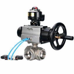 Кран шаровой BV3232P(4pc)-SP-3WL-T-ISO-H WDVF Ду65 Ру40 стандартнопроходной, 3-ходовой L-тип, внутренняя резьба, нержавеющая сталь AISI 316, PTFE, с пневмоприводом PA-DA-105-1, пневмораспределителем 4V320-10 AC220V и БКВ APL-510N EX