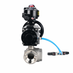 Кран шаровой BV3232P(4pc)-SP-3WL-T-ISO-H WDVF Ду65 Ру40 стандартнопроходной, 3-ходовой L-тип, внутренняя резьба, нержавеющая сталь AISI 316, PTFE, с пневмоприводом PA-DA-105-1, пневмораспределителем 4V320-10 AC220V и БКВ APL-510N EX