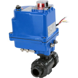 Кран шаровой BV4242E-FP-GRM-ISO Дн40 Ру10 полнопроходной, клеевой с разборным муфтовым соединением, корпус - НПВХ, шар - НПВХ, уплотнение - EPDM, с электроприводом QT-N-003EM-O1-24VDC-У1 blue