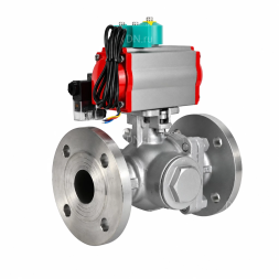 Кран шаровой BV3232P(2pc)-FP-3WL-F-ISO-H Ду20 Ру16 HYMT трехходовой L-тип, полнопроходной, фланцевый, корпус - нержавеющая сталь AISI316, с пневмоприводом PA-DA-052, пневмораспределителем 4M320-08 AC220V и магнитным переключателем ALS200D