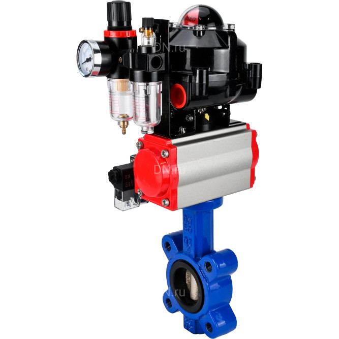 Затвор дисковый поворотный WBV1616N-2W-Fb-H Ду65 Ру16 LUG корпус - чугун QT450, диск - чугун QT450, уплотнение - NBR, с пневмоприводом PA-SA-105, пневмораспределителем 4M310-08 DC24V, БКВ APL-510N EX и БПВ AFC2000 в Перми