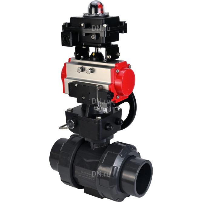 Кран шаровой BV4242E-FP-GRM-ISO Дн25 Ру10 полнопроходной, корпус - НПВХ, шар - НПВХ, уплотнение - EPDM, с пневмоприводом PA-DA-052, пневмораспределителем 4M310-08 DC24V, ручным дублером MON1-250-T26-ISO и БКВ APL-410N EX в Перми