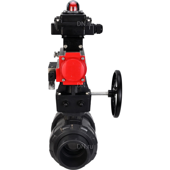 Кран шаровой BV4242E-FP-GRM-ISO Дн25 Ру10 полнопроходной, корпус - НПВХ, шар - НПВХ, уплотнение - EPDM, с пневмоприводом PA-DA-052, пневмораспределителем 4M310-08 DC24V, ручным дублером MON1-250-T26-ISO и БКВ APL-410N EX в Перми