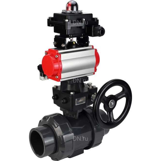 Кран шаровой BV4242E-FP-GRM-ISO Дн25 Ру10 полнопроходной, корпус - НПВХ, шар - НПВХ, уплотнение - EPDM, с пневмоприводом PA-DA-052, пневмораспределителем 4M310-08 DC24V, ручным дублером MON1-250-T26-ISO и БКВ APL-410N EX в Перми