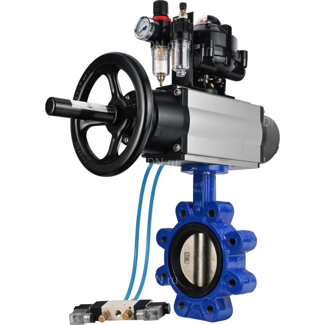 Затвор дисковый поворотный WBV1616E-2W-Fb-H Ду150 Ру16 LUG корпус - чугун QT450, диск - чугун QT450, уплотнение - EPDM, с пневмоприводом PA-DA-105-1, пневмораспределителем 4V320-08 AC220V, БКВ APL-510N EX и БПВ AFC2000 в Перми