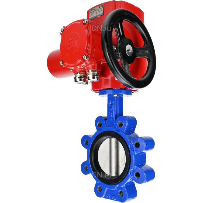 Затвор дисковый поворотный WBV1616E-2W-Fb-H Ду150 Ру16 LUG межфланцевый, корпус - чугун QT450, диск - чугун QT450, уплотнение - EPDM, с электроприводом QT-EX-020M-O2-380VAC-У1 с моментной муфтой и штурвалом в Перми