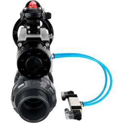 Кран шаровой BV4242E-FP-GRM-ISO Дн20 Ру10 полнопроходной, корпус - НПВХ, шар - НПВХ, уплотнение - EPDM, с пневмоприводом PA-DA-105-1, пневмораспределителем 4V320-08 AC220V и БКВ APL-210N