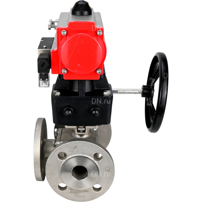 Кран шаровой BV3232P(4pc)-FP-3WL-F Ду40 Ру16 полнопроходной трехходовой, фланцевый, корпус - нержавеющая сталь SS316, с пневмоприводом PA-DA-065 двойного действия, пневмораспределителем 4M310-08 AC220V и ручным дублером MON1-250-T26-ISO в Перми
