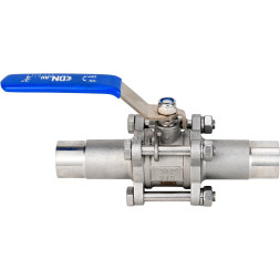 Кран шаровой BV3232P(3pc)-FP-W-H LONG Ду10 Ру63 полнопроходной, трехсоставной, корпус - нержавеющая сталь SS316, уплотнение - PTFE, под приварку, с рукояткой