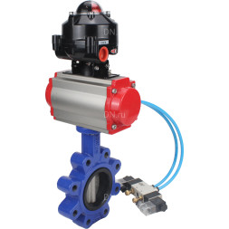 Затвор дисковый поворотный WBV1631E-2W-Fb-H Ду100 Ру16 LUG корпус - чугун QT450, диск - нержавеющая сталь 304, уплотнение - EPDM, с пневмоприводом PA-DA-083, пневмораспределителем 4V320-10 AC220V и БКВ APL-510N EX