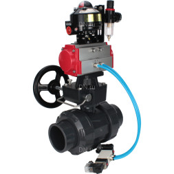 Кран шаровой BV4242E-FP-GRM-ISO Дн32 Ру10 полнопроходной, корпус - НПВХ, шар - НПВХ, уплотнение - EPDM, с пневмоприводом PA-DA-052, пневмораспределителем 4V320-10 AC220V, ручным дублером MON1-250-T26-ISO, БКВ APL-510N EX и БПВ AFC2000