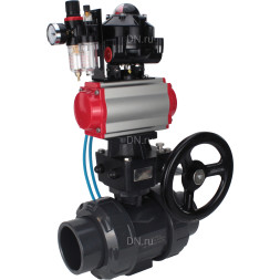 Кран шаровой BV4242E-FP-GRM-ISO Дн32 Ру10 полнопроходной, корпус - НПВХ, шар - НПВХ, уплотнение - EPDM, с пневмоприводом PA-DA-052, пневмораспределителем 4V320-10 AC220V, ручным дублером MON1-250-T26-ISO, БКВ APL-510N EX и БПВ AFC2000