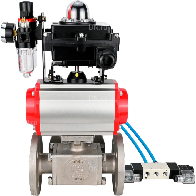 Кран шаровой BV3232P(4pc)-FP-3WL-F Ду15 Ру16 полнопроходной трехходовой, фланцевый, корпус - нержавеющая сталь SS316, с пневмоприводом PA-SA-052 с возвратными пружинами, пневмораспределителем 4V320-08 AC220V, БКВ APL-410N EX и БПВ AFC2000 в Перми