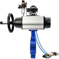 Затвор дисковый поворотный WBV1631N-2W-Fb-H Ду125 Ру16 LUG корпус - чугун QT450, диск - нержавеющая сталь 304, уплотнение - NBR, с пневмоприводом PA-DA-105-1, пневмораспределителем 4V320-08 AC220V, БКВ APL-210N и БПВ AFC2000