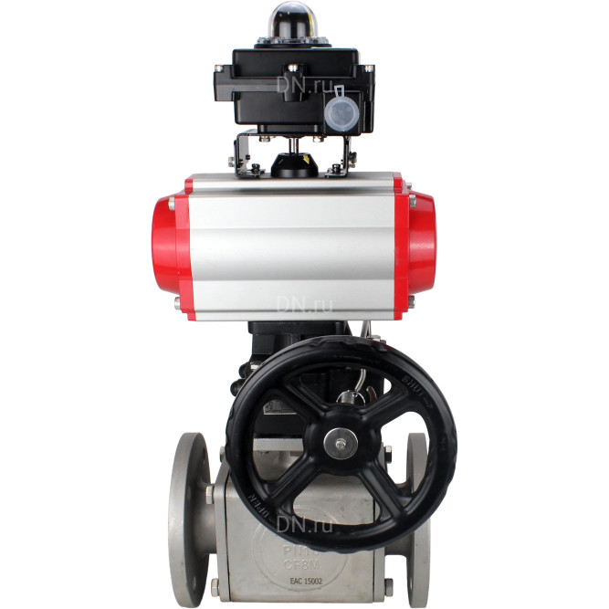 Кран шаровой BV3232P(4pc)-FP-3WL-F Ду65 Ру16 полнопроходной трехходовой, фланцевый, корпус - нержавеющая сталь SS316, с пневмоприводом PA-DA-083, пневмораспределителем 4M310-08 AC220V, БКВ APL-410N EX и ручным дублером MON2-450-T28-ISO в Перми