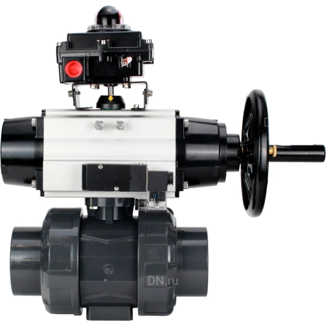Кран шаровой BV4242E-FP-GRM-ISO Дн32 Ру10 полнопроходной, корпус - НПВХ, шар - НПВХ, уплотнение - EPDM, с пневмоприводом PA-DA-105-1, пневмораспределителем 4M310-08 DC24V и БКВ APL-410N EX в Перми