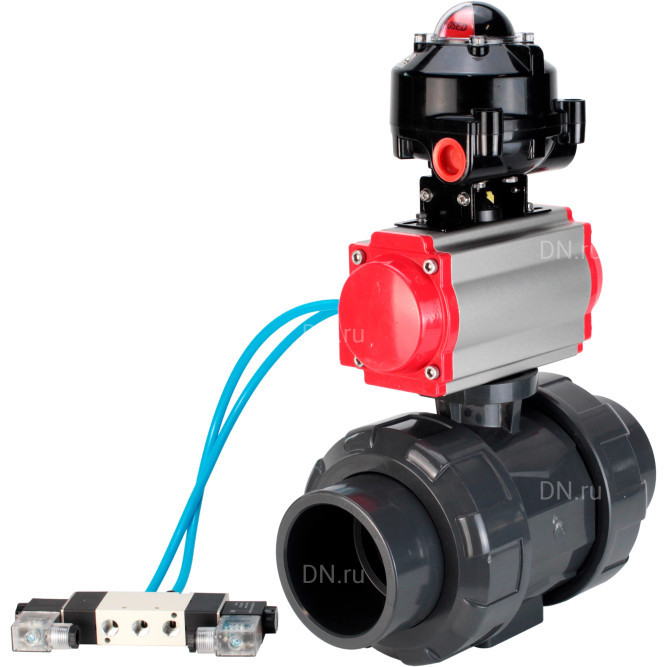 Кран шаровой BV4242E-FP-GRM-ISO Дн65 Ру10 полнопроходной, корпус - НПВХ, шар - НПВХ, уплотнение - EPDM, с пневмоприводом PA-SA-065, пневмораспределителем 4V320-08 AC220V и БКВ APL-510N EX в Перми