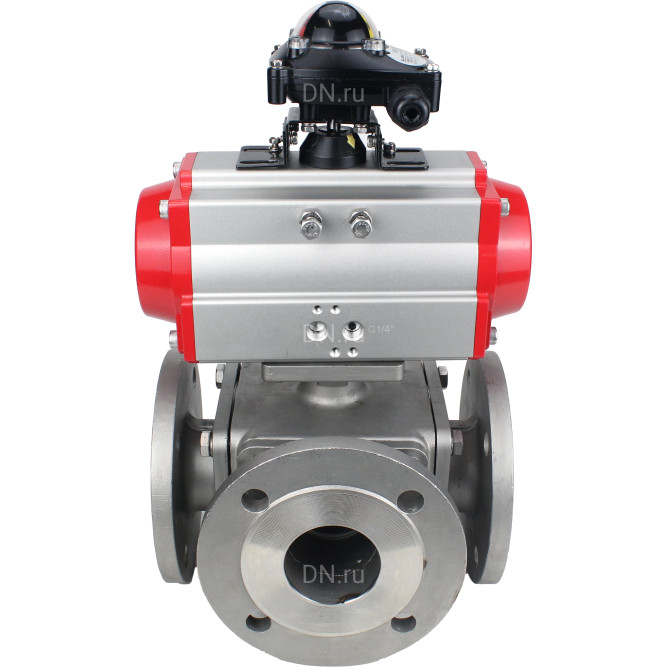 Кран шаровой BV3232P(4pc)-FP-3WL-F Ду40 Ру16 полнопроходной трехходовой, фланцевый, корпус - нержавеющая сталь SS316, с пневмоприводом PA-DA-065 двойного действия и БКВ APL-210N в Перми