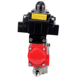Кран шаровой BV3232P(4pc)-SP-3WL-T-ISO-H Ду25 Ру63 стандартнопроходной трехходовой L-тип, нержавеющая сталь SS316, внутренняя резьба, уплотнение - PTFE, с пневмоприводом PA-DA-52 и блоком концевых выключателей APL-410N EX