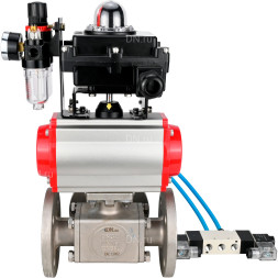 Кран шаровой BV3232P(4pc)-FP-3WL-F Ду50 Ру16 полнопроходной трехходовой, фланцевый, корпус - нержавеющая сталь SS316, с пневмоприводом PA-SA-105 с возвратными пружинами, пневмораспределителем 4V320-08 AC220V, БКВ APL-410N EX и БПВ AFC2000