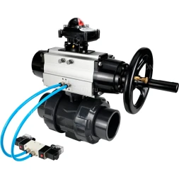 Кран шаровой BV4242E-FP-GRM-ISO Дн100 Ру10 полнопроходной, корпус - НПВХ, шар - НПВХ, уплотнение - EPDM, с пневмоприводом PA-DA-105-1, пневмораспределителем 4V320-08 AC220V и БКВ APL-210N
