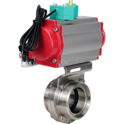 Затвор дисковый поворотный WBV3131S-2W-T-H Ду25 Ру10 резьбовой, пищевая нержавеющая сталь 304, уплотнение - Silicon, с пневмоприводом PA-DA-052, пневмораспределителем 4M310-08 AC220V и магнитным переключателем ALS200D