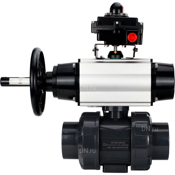 Кран шаровой BV4242E-FP-GRM-ISO Дн80 Ру10 полнопроходной, корпус - НПВХ, шар - НПВХ, уплотнение - EPDM, с пневмоприводом PA-DA-105-1, пневмораспределителем 4M310-08 DC24V и БКВ APL-410N EX в Перми