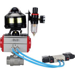 Кран шаровой BV3232P(2pc)-FP-T-ISO-H 2″ Ду50 Ру63 полнопроходной двухходовой, нержавеющая сталь SS316, внутренняя резьба, уплотнение - PTFE, с пн.приводом PA-SA-105 пн.распределителем 4V320-08 AC220V БПВ AFC2000 БКВ APL-510N-EX