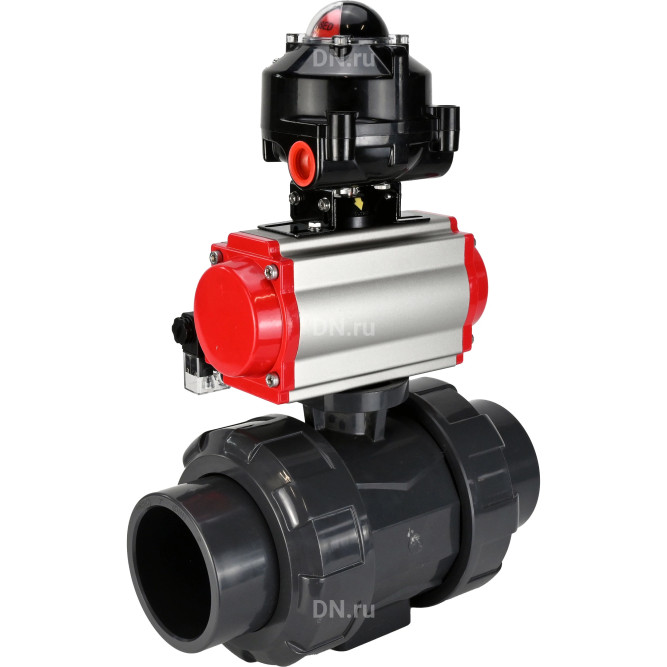 Кран шаровой BV4242E-FP-GRM-ISO Дн15 Ру10 полнопроходной, корпус - НПВХ, шар - НПВХ, уплотнение - EPDM, с пневмоприводом PA-DA-052, пневмораспределителем 4M310-08 AC220V и БКВ APL-510N EX в Перми