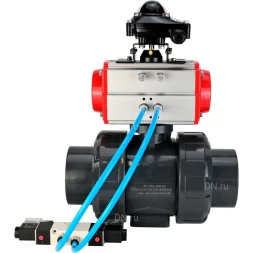 Кран шаровой BV4242E-FP-GRM-ISO Дн25 Ру10 полнопроходной, корпус - НПВХ, шар - НПВХ, уплотнение - EPDM, с пневмоприводом PA-DA-052, пневмораспределителем 4V320-10 AC220V и БКВ APL-210N