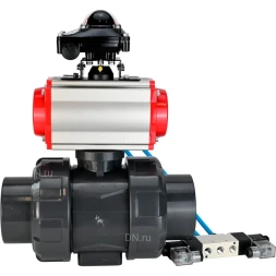 Кран шаровой BV4242E-FP-GRM-ISO Дн25 Ру10 полнопроходной, корпус - НПВХ, шар - НПВХ, уплотнение - EPDM, с пневмоприводом PA-DA-052, пневмораспределителем 4V320-10 AC220V и БКВ APL-210N