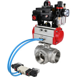 Кран шаровой BV3232P(4pc)-SP-3WL-T-ISO-H Ду32 Ру63, стандартнопроходной, четырехсоставной, нержавеющая сталь 316, PTFE, внутренняя резьба, с пневмоприводом PA-DA-052, пневмораспределителем 4V320-10 AC220V, БКВ APL-410N Ex, БПВ AFC2000