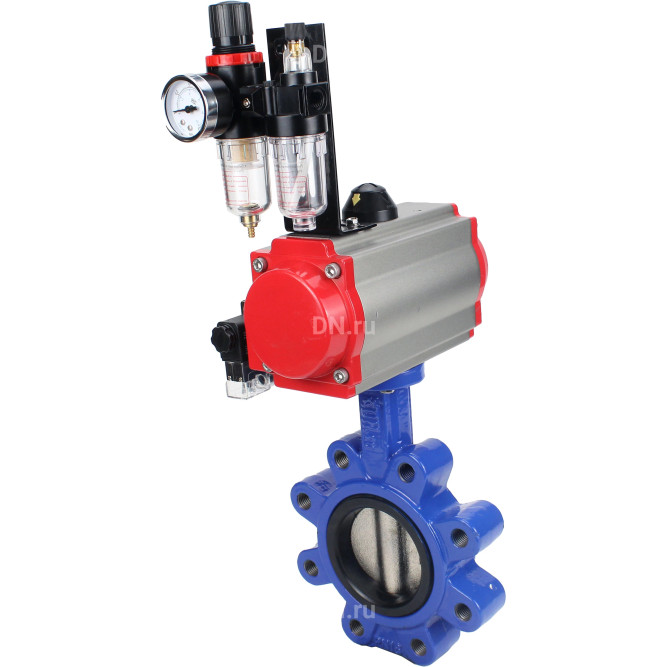 Затвор дисковый поворотный WBV1616N-2W-Fb-H Ду100 Ру16 LUG корпус - чугун QT450, диск - чугун QT450, уплотнение - NBR, с пневмоприводом PA-SA-130, пневмораспределителем 4M310-08 AC220V и БПВ AFC2000 в Перми