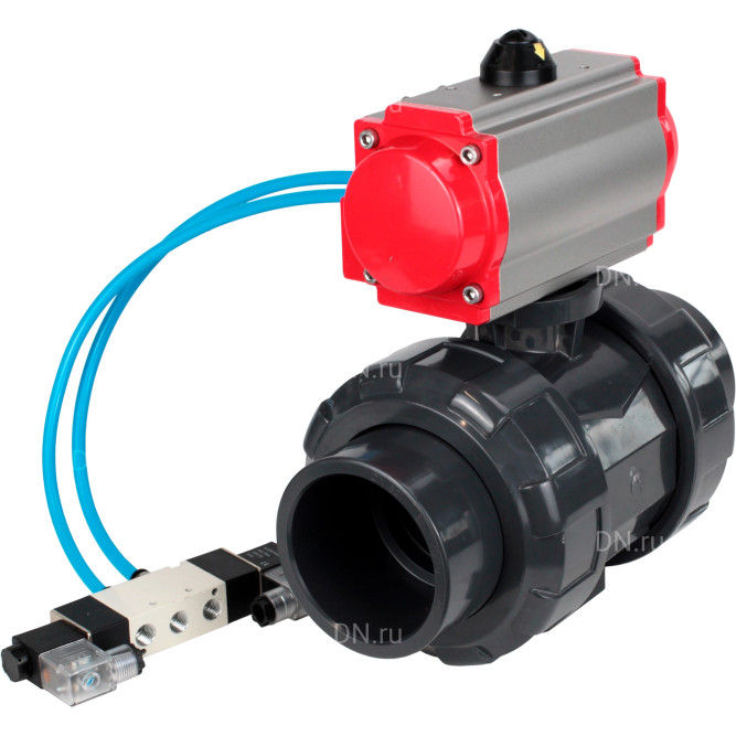 Кран шаровой BV4242E-FP-GRM-ISO Дн25 Ру10 полнопроходной, корпус - НПВХ, шар - НПВХ, уплотнение - EPDM, с пневмоприводом PA-SA-052 и пневмораспределителем 4V320-10 AC220V в Перми