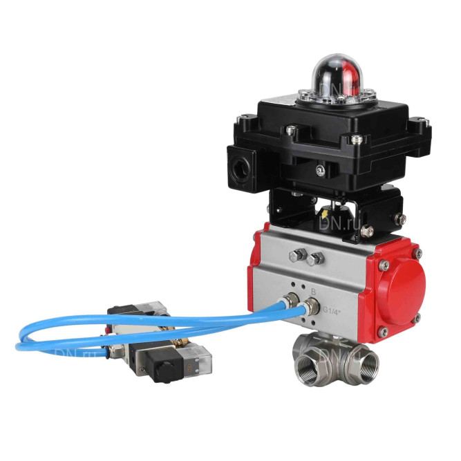 Кран шаровой BV3232P(4pc)-SP-3WL-T-ISO-H Ду10 Ру63, стандартнопроходной, четырехсоставной, корпус - нержавеющая сталь 316, уплотнение - PTFE, внутренняя резьба, с пневмоприводом PA-SA-052, пневмораспределителем 4V320-10 AC220V, БКВ APL-410N Ex в Перми