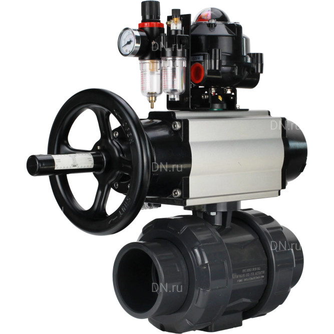 Кран шаровой BV4242E-FP-GRM-ISO Дн25 Ру10 полнопроходной, корпус - НПВХ, шар - НПВХ, уплотнение - EPDM, с пневмоприводом PA-DA-105-1, пневмораспределителем 4M310-08 AC220V, БКВ APL-510N EX и БПВ AFC2000 в Перми
