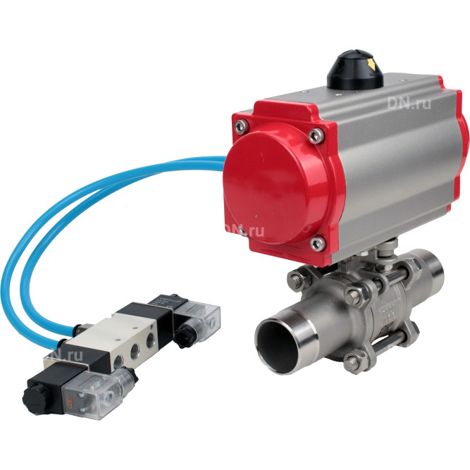 Кран шаровой BV3131P(3pc)-FP-W-ISO-H LONG Ду15 Ру63 полнопроходной, корпус - нержавеющая сталь 304, уплотнение - PTFE, под приварку, с пневмоприводом PA-DA-052 и пневмораспределителем 4V320-10 AC220V в Перми