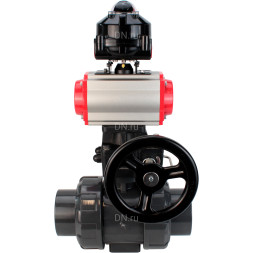 Кран шаровой BV4242E-FP-GRM-ISO Дн15 Ру10 полнопроходной, корпус - НПВХ, шар - НПВХ, уплотнение - EPDM, с пневмоприводом PA-DA-052, пневмораспределителем 4M310-08 DC24V, ручным дублером MON1-250-T26-ISO и БКВ APL-510N EX