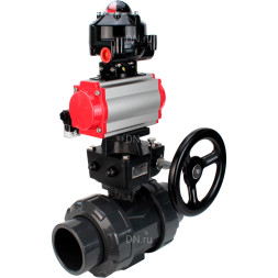 Кран шаровой BV4242E-FP-GRM-ISO Дн15 Ру10 полнопроходной, корпус - НПВХ, шар - НПВХ, уплотнение - EPDM, с пневмоприводом PA-DA-052, пневмораспределителем 4M310-08 DC24V, ручным дублером MON1-250-T26-ISO и БКВ APL-510N EX