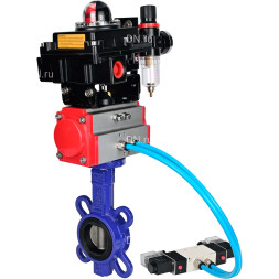Затвор дисковый поворотный для абразивных сред WBV1632E-2W-Fb-H Ду80 Ру16, корпус - чугун, диск - нержавеющая сталь 316L, уплотнение - EPDM, с пневмоприводом PA-SA-083, пневмораспределителем 4M320-10 AC220V, БКВ APL-410N EX и БПВ AFC2000