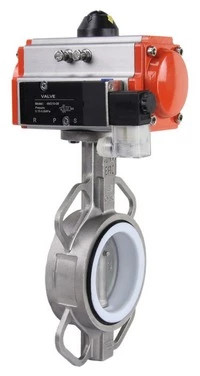 Затвор дисковый поворотный WBV3232P-2W-Fb-H Ду250 Ру16, корпус - нержавеющая сталь 316L, диск - нержавеющая сталь 316L, уплотнение - PTFE, с пневмоприводом PA-SA-210, пневмораспределителем 4M320-10 AC220V в Перми