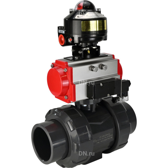 Кран шаровой BV4242E-FP-GRM-ISO Дн65 Ру10 полнопроходной, корпус - НПВХ, шар - НПВХ, уплотнение - EPDM, с пневмоприводом PA-DA-065, пневмораспределителем 4M310-08 AC220V и БКВ APL-510N EX в Перми