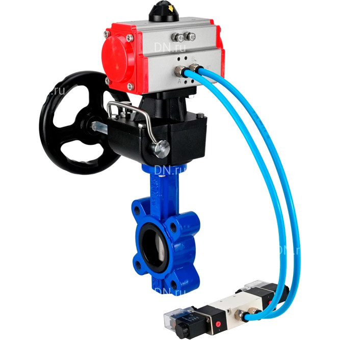 Затвор дисковый поворотный WBV1631N-2W-Fb-H Ду65 Ру16 LUG, корпус - чугун QT450, диск - нержавеющая сталь 304, уплотнение - NBR, с пневмоприводом PA-DA-065, пневмораспределителем 4M320-08 AC220V и ручным дублером MON1-250-T26-ISO в Перми