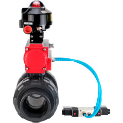 Кран шаровой BV4242E-FP-GRM-ISO Дн25 Ру10 полнопроходной, корпус - НПВХ, шар - НПВХ, уплотнение - EPDM, с пневмоприводом PA-DA-052, пневмораспределителем 4V320-10 AC220V и БКВ APL-510N EX