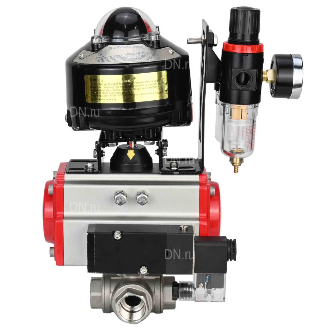 Кран шаровой BV3232P(4pc)-SP-3WL-T-ISO-H 1 1/4″ Ду32 Ру63 стандартнопроходной трехходовой L-тип, нержавеющая сталь SS316, внутренняя резьба, уплотнение - PTFE, пн.привод PA-DA-052 пн.распределитель 4M310-08 DC24V БПВ AFC2000 БКВ APL-510N-EX в Перми
