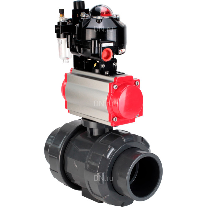 Кран шаровой BV4242E-FP-GRM-ISO Дн15 Ру10 полнопроходной, корпус - НПВХ, шар - НПВХ, уплотнение - EPDM, с пневмоприводом PA-DA-052, пневмораспределителем 4M310-08 DC24V, БКВ APL-510N EX и БПВ AFC2000 в Перми