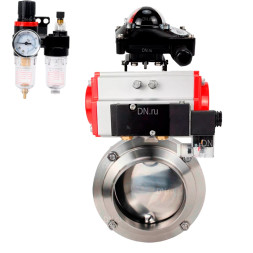 Затвор дисковый поворотный WBV3131E-2W-W-H Ду15 Ру10 под приварку, пищевая нержавеющая сталь 304, уплотнение – EPDM, с пневмоприводом PA-DA-052, пневмораспределителем 4M310-08 DC24V, БКВ APL-210N и БПВ AFC2000