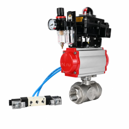 Кран шаровой BV3232P(4pc)-SP-3WL-T-ISO-H WDVF Ду32 Ру63 стандартнопроходной, 3-ходовой L-тип, внутренняя резьба, нержавеющая сталь AISI 316, PTFE, с пневмоприводом PA-DA-083, пневмораспределителем 4V320-08 AC220V, БКВ APL-410N EX и БПВ AFC2000